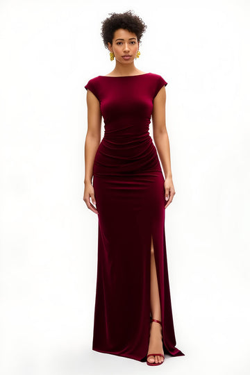 Burgundy Sheath Velvet Holiday Dress With Slit